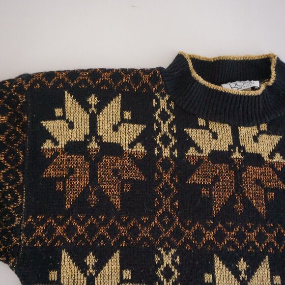 Vintage Rose Black Gold Cotton Knit Retro Eclectic Grandpa Holiday Sweater L - Picture 6 of 10